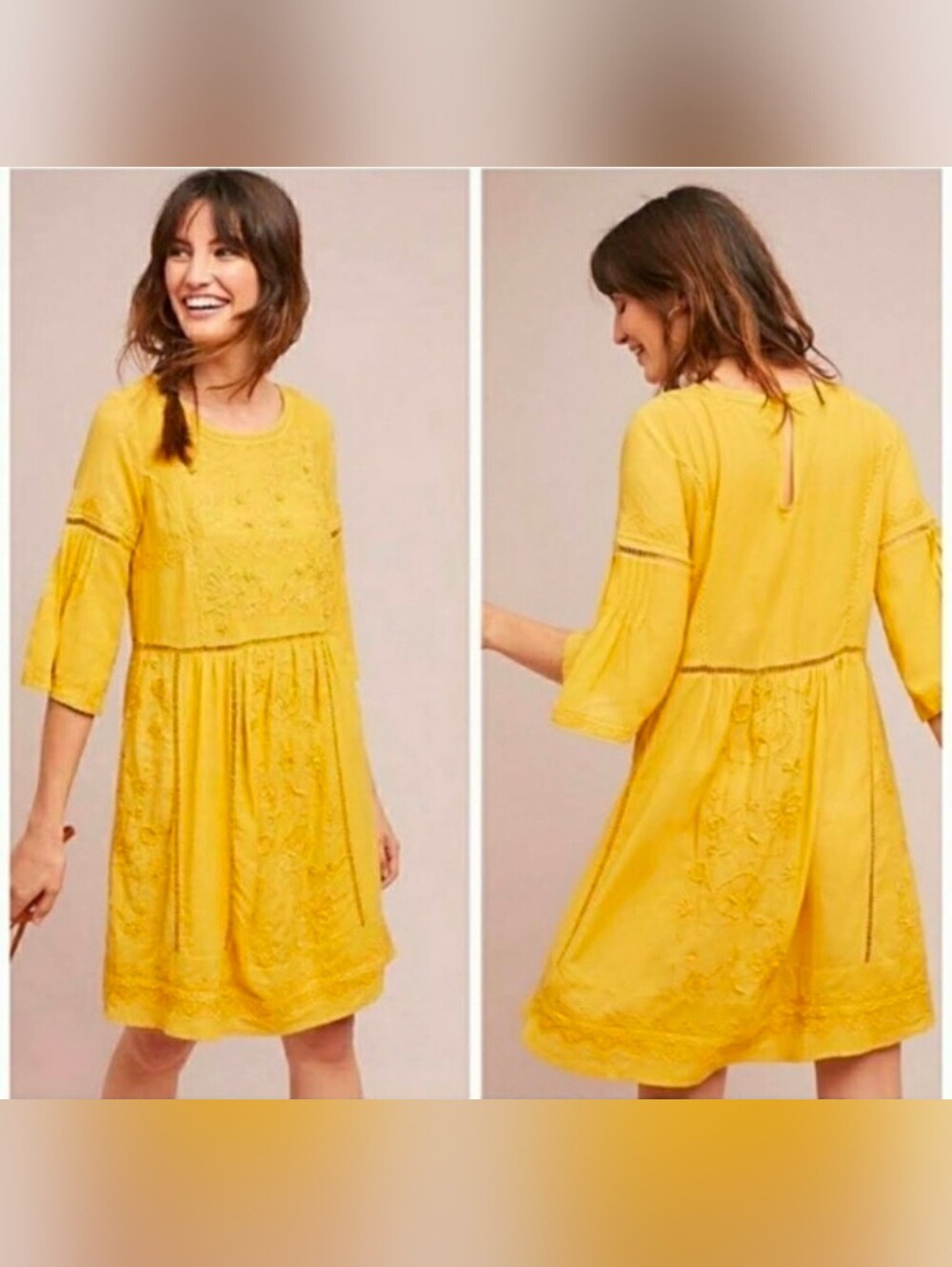 Anthropologie Akemi + Kin Mustard Yellow Embroidered Mini Dress